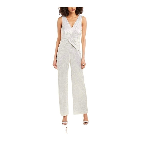 ADRIANNA PAPELL Metallic Silver Twist Front Sleeveless Jumpsuit Size 10 NWT - Picture 4 of 13